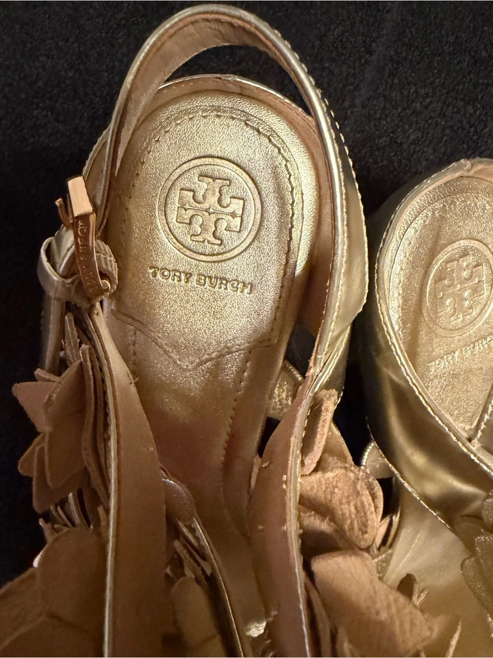 Tory Burch Blossom Floral Metallic Sandals in Gold - Elegant Dress Heels